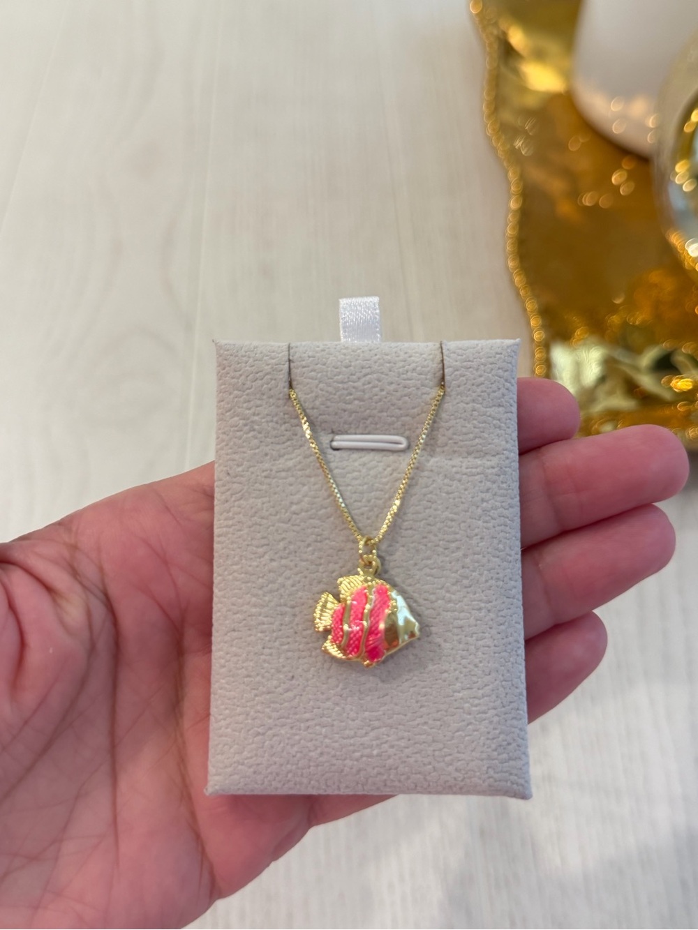 Gold Fish Pendant Necklace with Pink Enamel Accent, 18k gold plated necklace